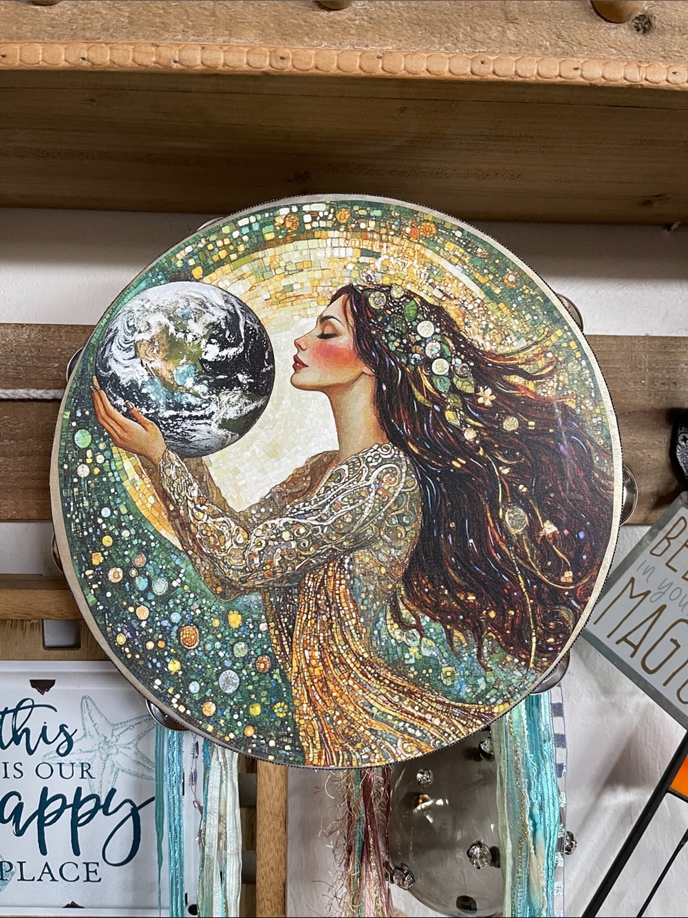 Decorative Round Tambourine with Woman Holding Earth - Green, Gold, Brown 10” - Picture 1 of 6